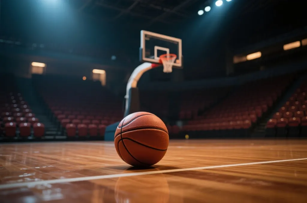 An atmospheric, close-up shot of a basketball resting on a polished hardwood court with the glowing background of basketball hoops and empty arena seating, dramatic lighting.